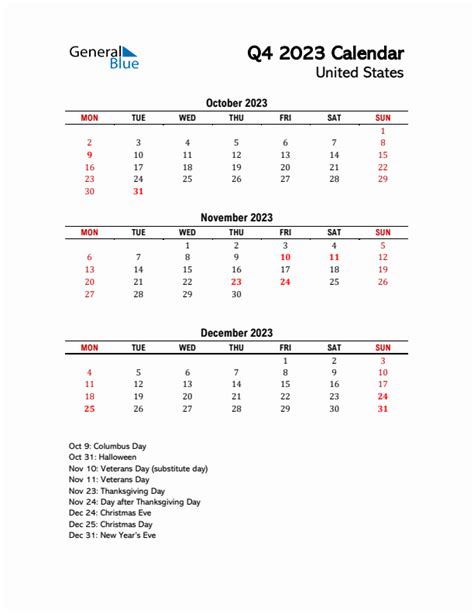 Three-month calendar for United States - Q4 of 2023