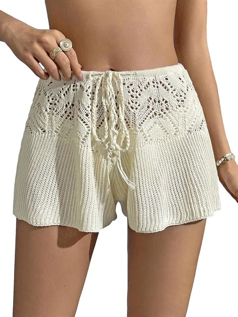 Cozyease Women S Hollow Out Drawstring Waist Bikini Cover Up Shorts Tie