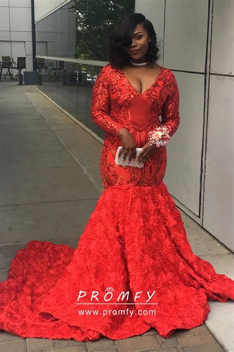 Red Sequin Lace 3d Rosettes Mermaid Long Prom Dress Promfy