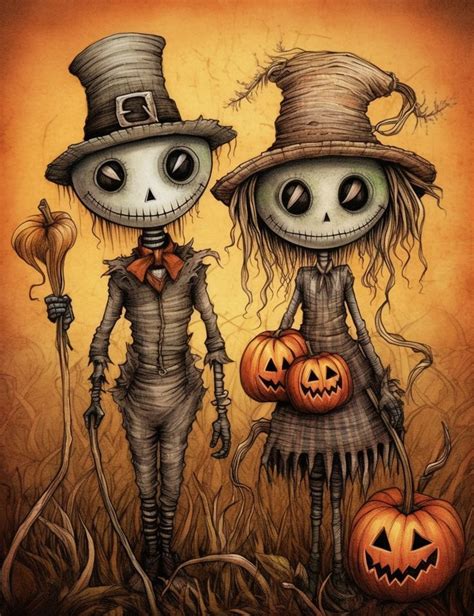 Scary Scarecrows Grayscale Coloring Pages Printable For Adults Hal