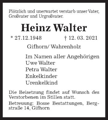 Traueranzeigen Von Heinz Walter Trauer Anzeigen De