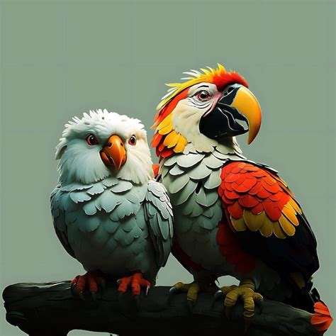 Dos pequeñas aves macaw están sentadas en una rama de un árbol de musgo