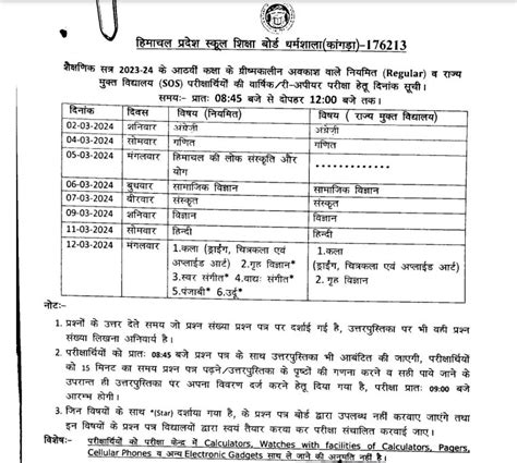 Hp Board Th Class Date Sheet Sos Middle Time Table Downlaod Pdf