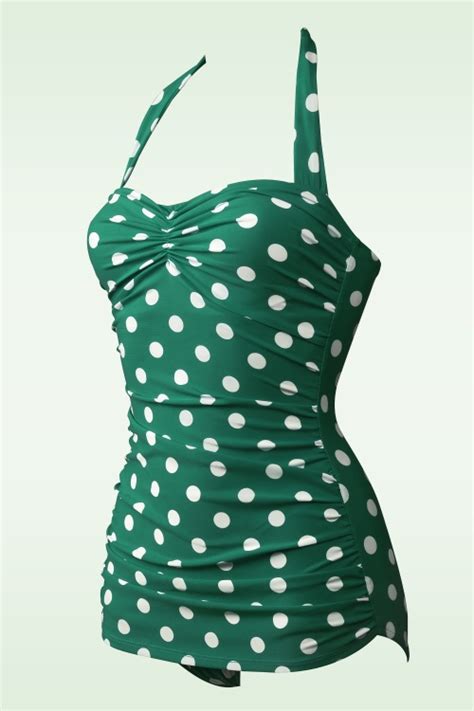 Esther Williams 50s Classic Sheat Polkadot Swimsuit In Green And White