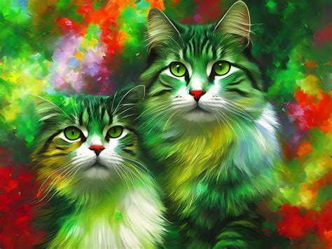 Vibrant Green Cats - Psychedelic Feline Art for Cat Lovers Digital Art