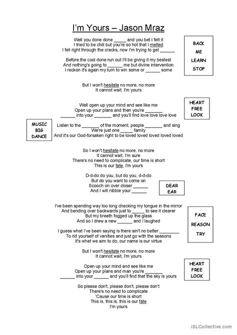 I M Yours By Jason Mraz Song And N English ESL Worksheets Pdf Doc