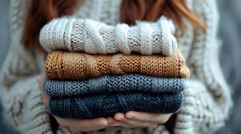 Premium Photo Woman Holding Different Colored Knitted Sweaters