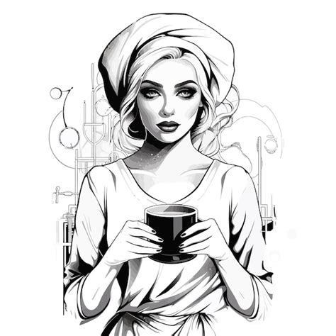 Un Dibujo En Blanco Y Negro De Una Mujer Sosteniendo Una Taza De Café