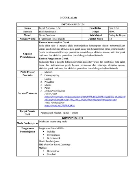 Modul Ajar Pjok Senam Lantai Guling Depan Ok Docx