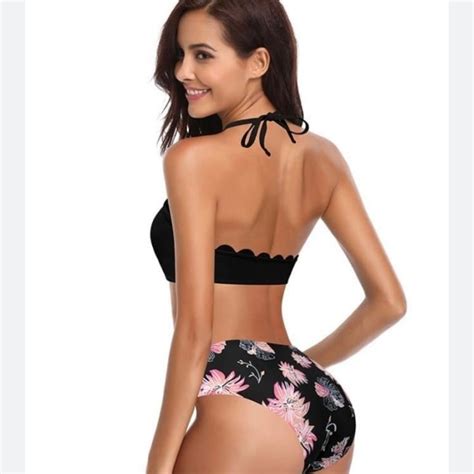 Shekini Swim Shekini Black Floral Scallop Halter Bikini Poshmark