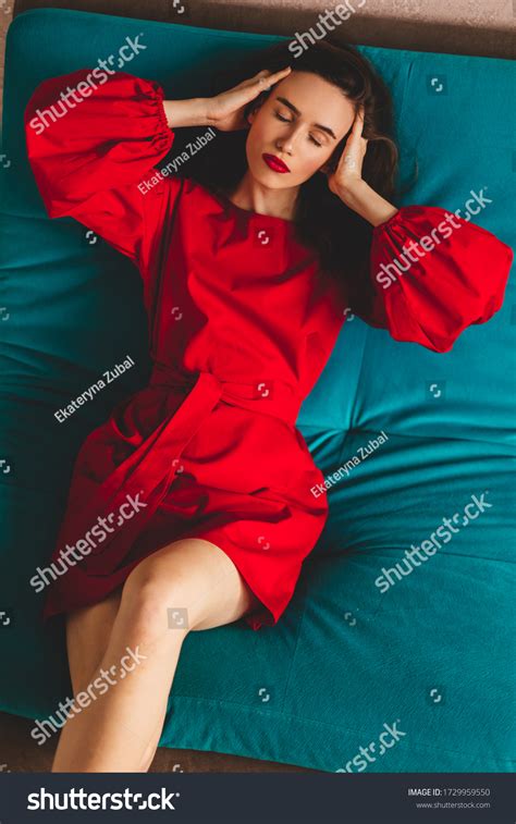 Sensual Beautiful Brunette Woman Lying Red Stock Photo Shutterstock