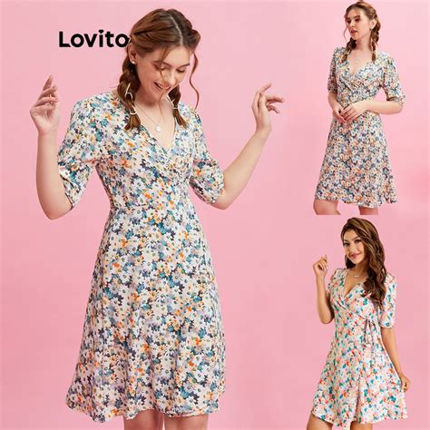 Lovito Vestido Florido Com Gola V E Mangas Bufantes L10178 Bege