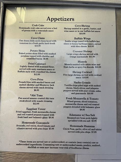 Menu At The Cove Restaurant Holden Beach