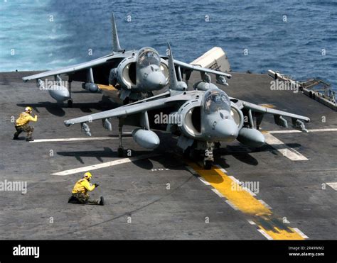 Us Navy Av 8b Harriers Get Permission For Take Off From The Flight Deck Of The Amphibious