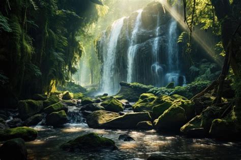 Wunderschöner wasserfall im tropischen wald mit sonnenlicht und langer