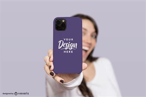 Girl Smiling While Holding Phone Case Mockup Psd Editable Template