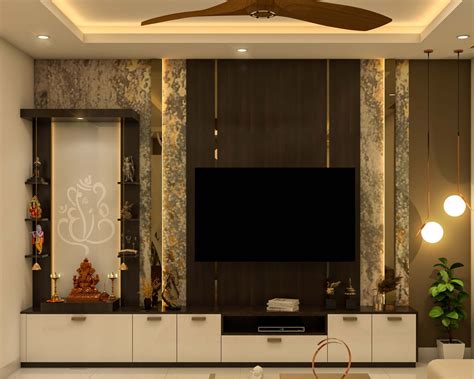 Classic Spacious Tv Unit Design With Pooja Room Livspace