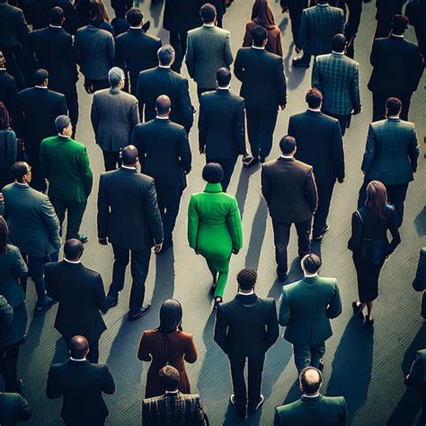 Premium Ai Image A Crowd Of People In Black Suits And Only One Person In Green Generative Ai