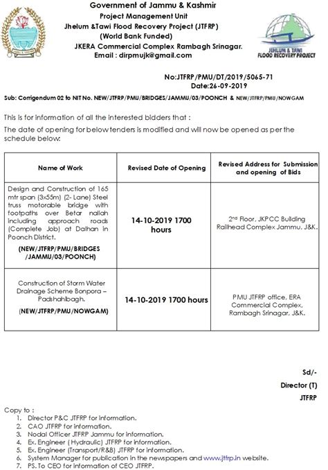 Corrigendum To The Tender No New Jtfrp Pmu Bridges Jammu Poonch