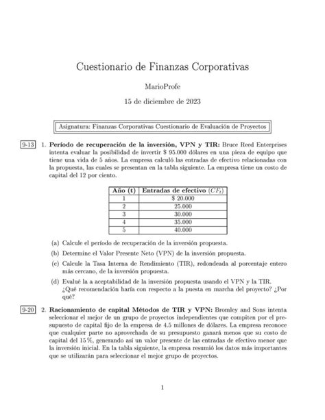 Ejercicios Resueltos de Finanzas Corporativas Guía 03 MarioProfe