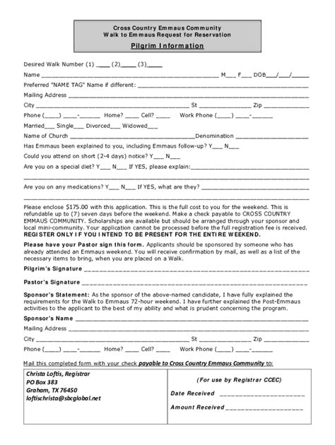 Fillable Online Emmaus Walk Application Cross Country Emmaus Fax