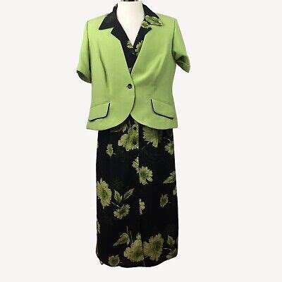 Dressbarn Woman Black Floral Dress Green Jacket Set Work Office Church