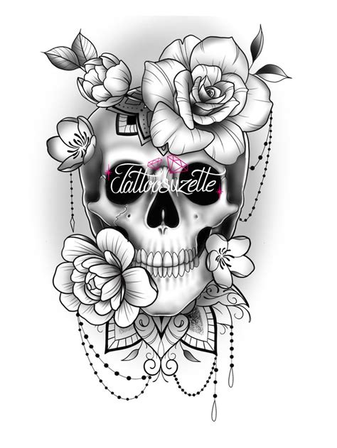 Skull Flowers Mandala Tattoo Design Feminine Skull Tattoos Skull