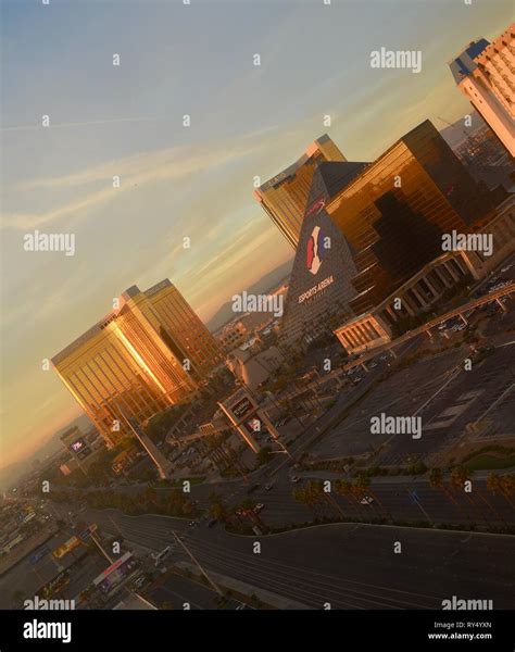 Aerial Golden Sunrise On Las Vegas Strip Near Luxor Mandalay Bay