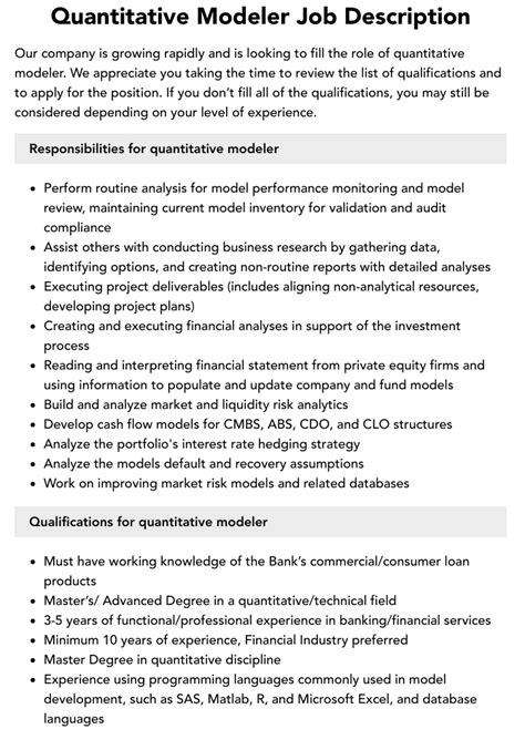 Quantitative Modeler Job Description Velvet Jobs