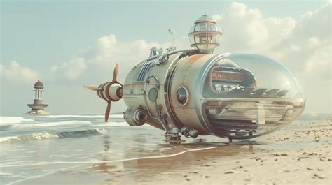 Premium Photo A Retro Futuristic Submarine Sits On The Shore Of A