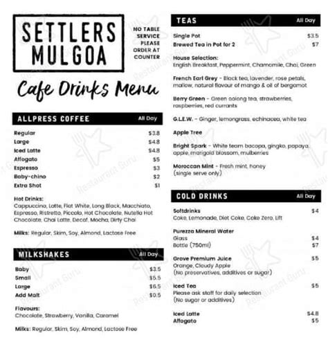 Menu at Settlers restaurant, Mulgoa