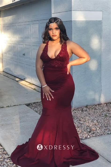 Plus Size Burgundy Lace & Satin Mermaid Prom Dress - Xdressy