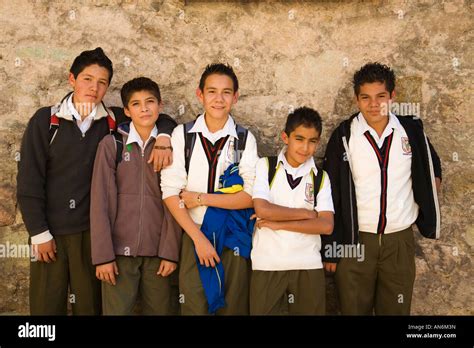 Mexico Guanajuato Five Mexican Boys In School Uniforms Pose In Front Of