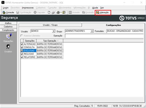 GA TOTVS Varejo Home Center Linha Gemco SEGURANÇA Cadastro de