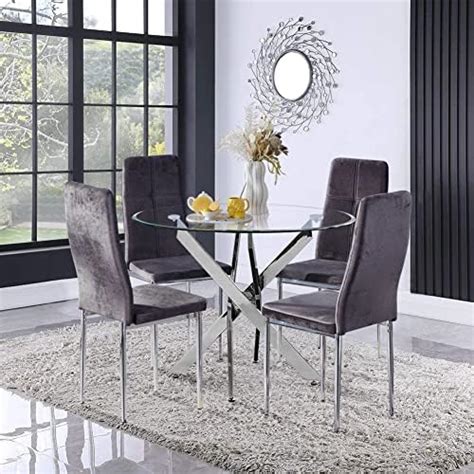 Goldfan Round Glass Dining Table Set For 4 5 Piece Kitchen Table And Velvet Chairs With Chromed