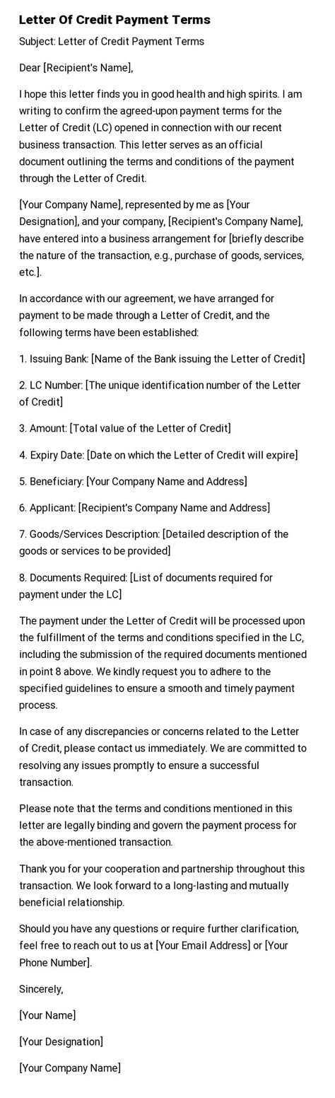 Letter Of Credit Payment Terms