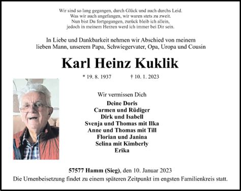 Traueranzeigen Von Karl Heinz Kuklik Rz Trauerde