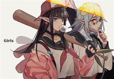 Safebooru 2girls Ahoge Aotu World Backwards Hat Bangs Baseball Bat Baseball Cap Black Gloves