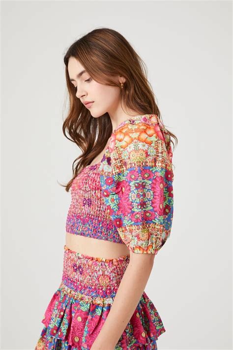 Forever 21 Smocked Floral Print Crop Top Cayenne Multi Forever21usa