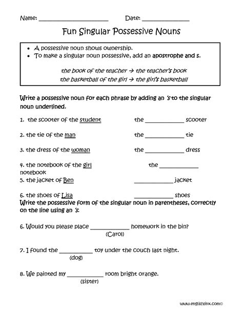 Possessive Of Nouns Exercises