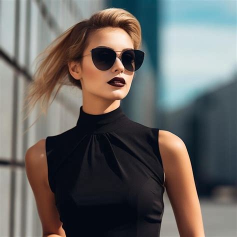 Premium Photo Fashion Woman In Black Dress And Sunglasses Vertical