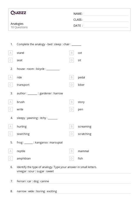 50 Analogies Worksheets On Quizizz Free And Printable