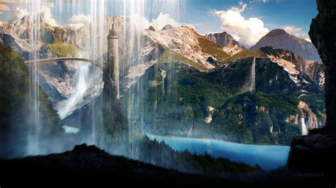 Wallpaper Sunlight Mountains Waterfall Fantasy Art Nature