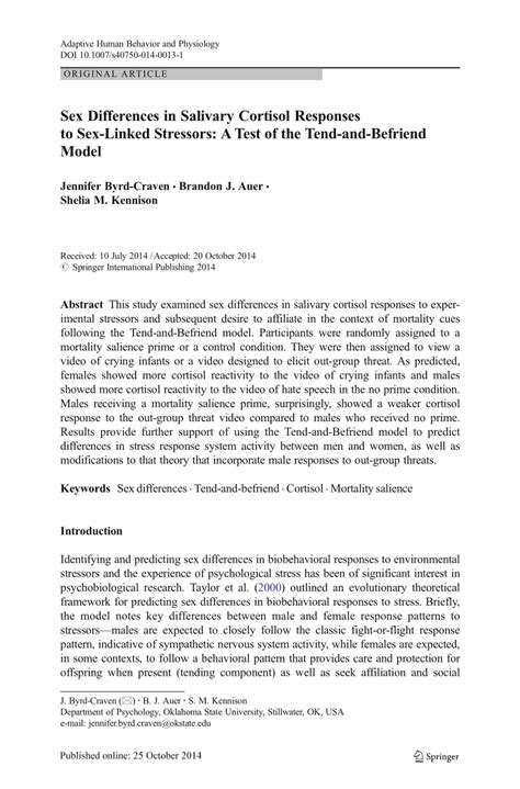 PDF Sex Differences In Salivary Cortisol Responses To Sex Linked Stressors A Test Of The Tend
