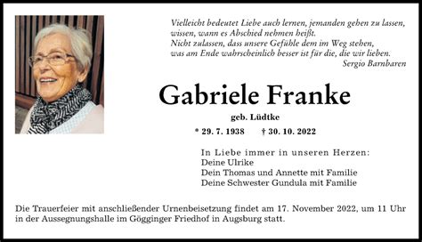 Traueranzeigen Von Gabriele Franke Augsburger Allgemeine Zeitung