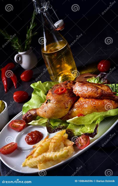 Fried Chicken with Chips and Salad Stock Photo - Image of horizontal ...