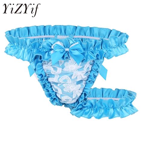 YiZYiF Super Hot Sexy Herren Unterwäsche Rüschen Rüschen Satin Spitze Sissy Maid G string Tanga