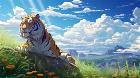 Anime Tiger Gazing at Majestic Rocky Mound - Stunning Landscape Art ...