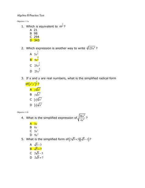 Algebra II Practice Test Algebra II Practice Test Objective 1 Which