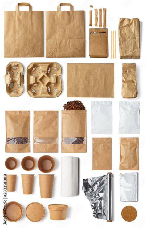 A Set Of Various Types Of Paper Packaging And Packaging Isolated On